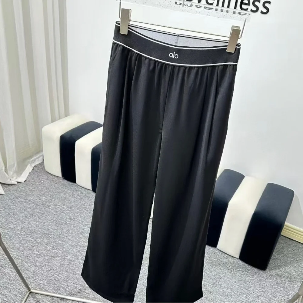 ALO Yoga Black Wide Leg High-Rise Pants with Logo Waistband